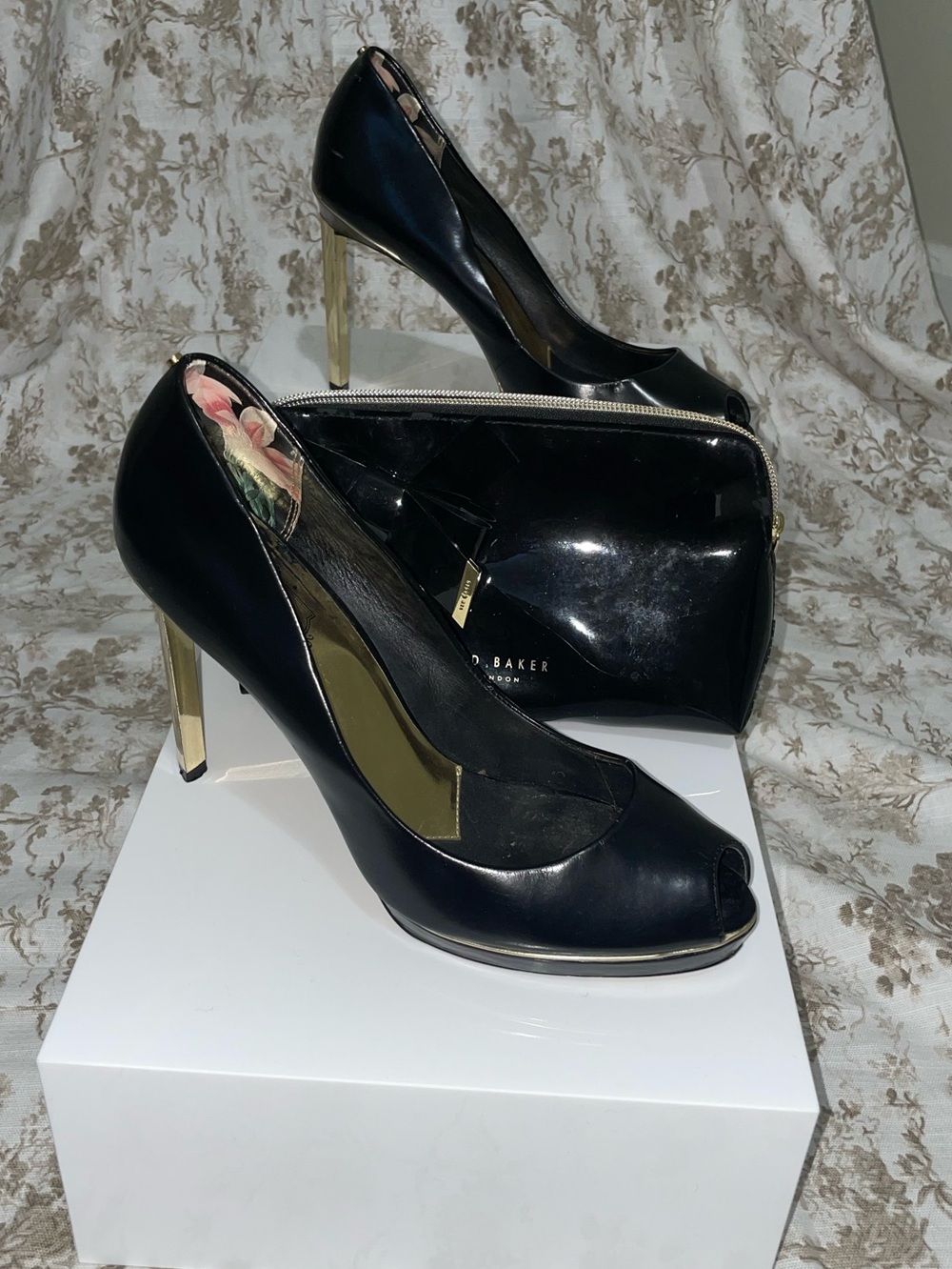 Ted Baker Black Peep-Toe Heels with Gold Stiletto Heel and matching makeup bag